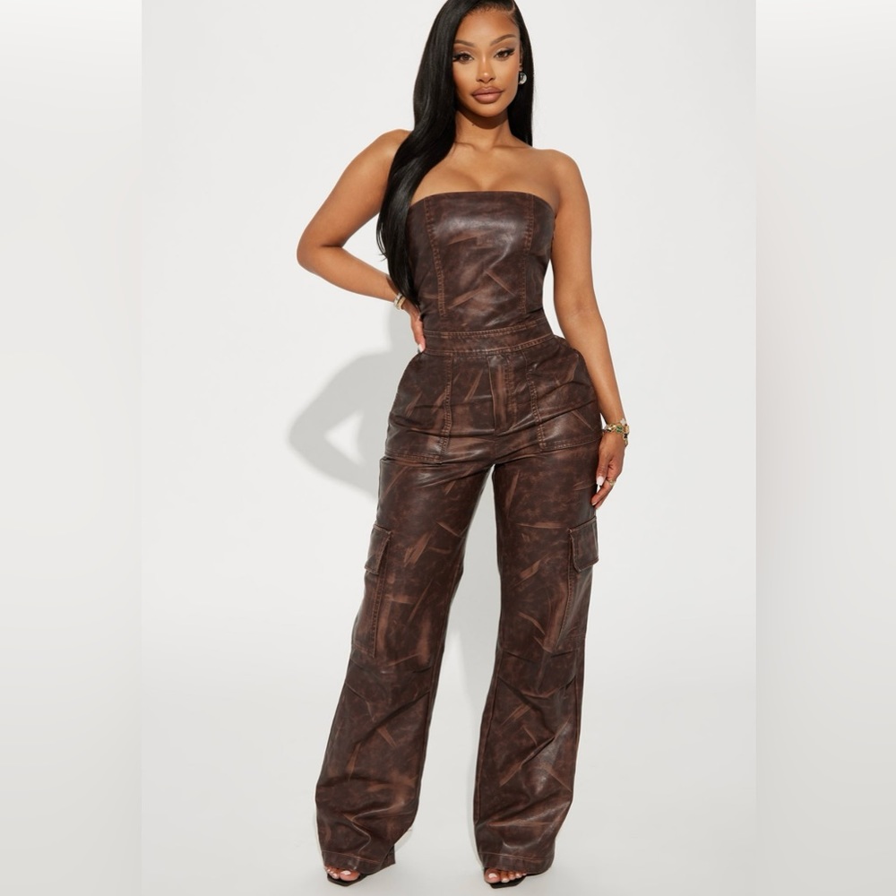Fashion Nova Dark Brown Strapless Jumpsuit